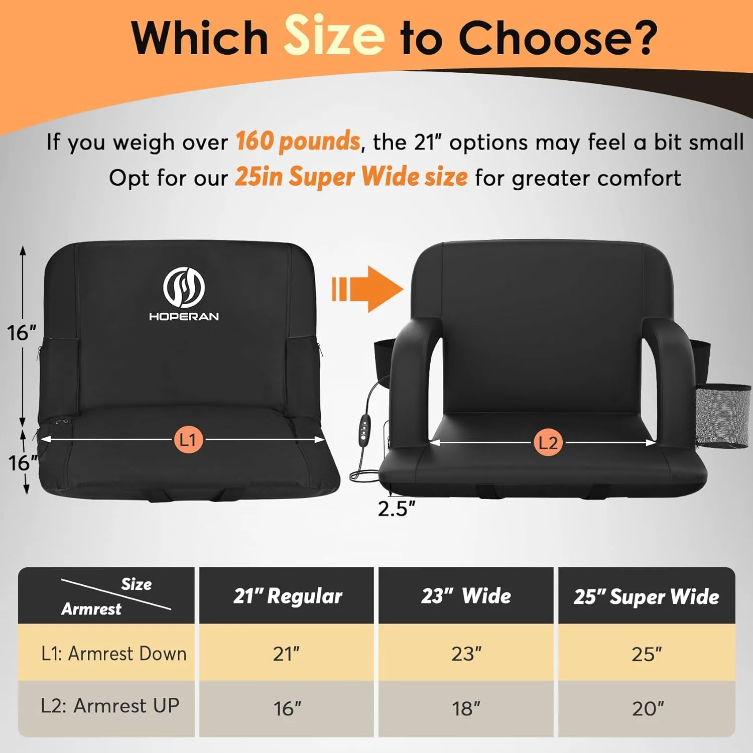 Suteck Dual-Side Heated Stadium Seat with Back Support, Wide Cushion, Foldable Bleacher Chair W/USB 3-Level Heating, 5 Storage Pockets – Portable Stadium Chair for Outdoor Bleachers Camping Games