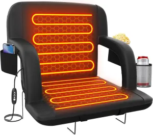 Suteck Dual-Side Heated Stadium Seat with Back Support, Wide Cushion, Foldable Bleacher Chair W/USB 3-Level Heating, 5 Storage Pockets – Portable Stadium Chair for Outdoor Bleachers Camping Games