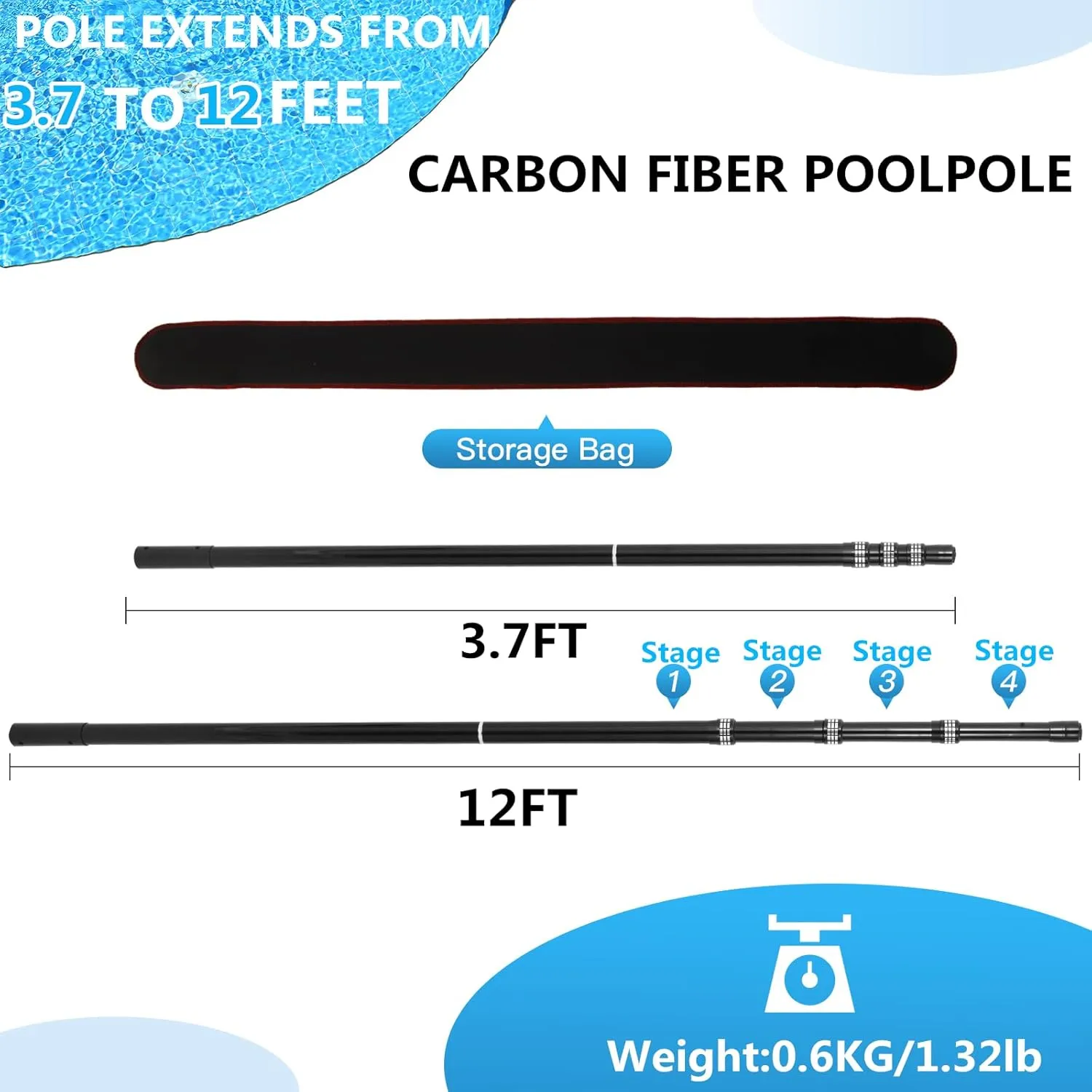 Swimming Pool Pole Carbon Fiber, Pool Skimmer Carbon Fibre, Telescopic Swimming Pool Cleaning Rod, Advanced Adjustable Telescopic Rod, Used for Skimming nets, Brushes, Vacuum Heads (12 Feet)