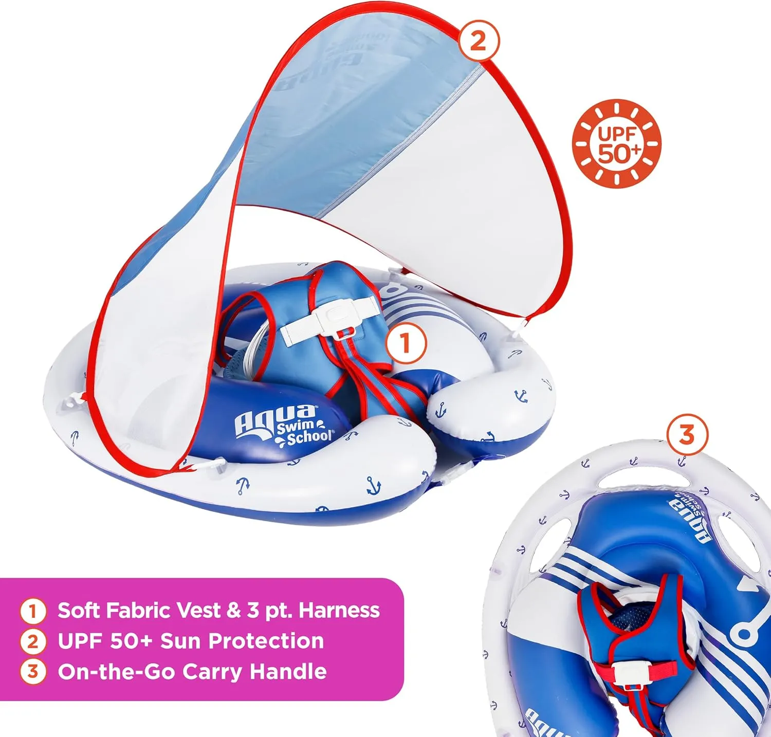 SwimSchool Freestyle Swimmer Baby Pool Float with Multi-Position, Adjustable Safety Seat, Free Swimming, Dual Air Chambers Safe, Red-White-Blue Nautical