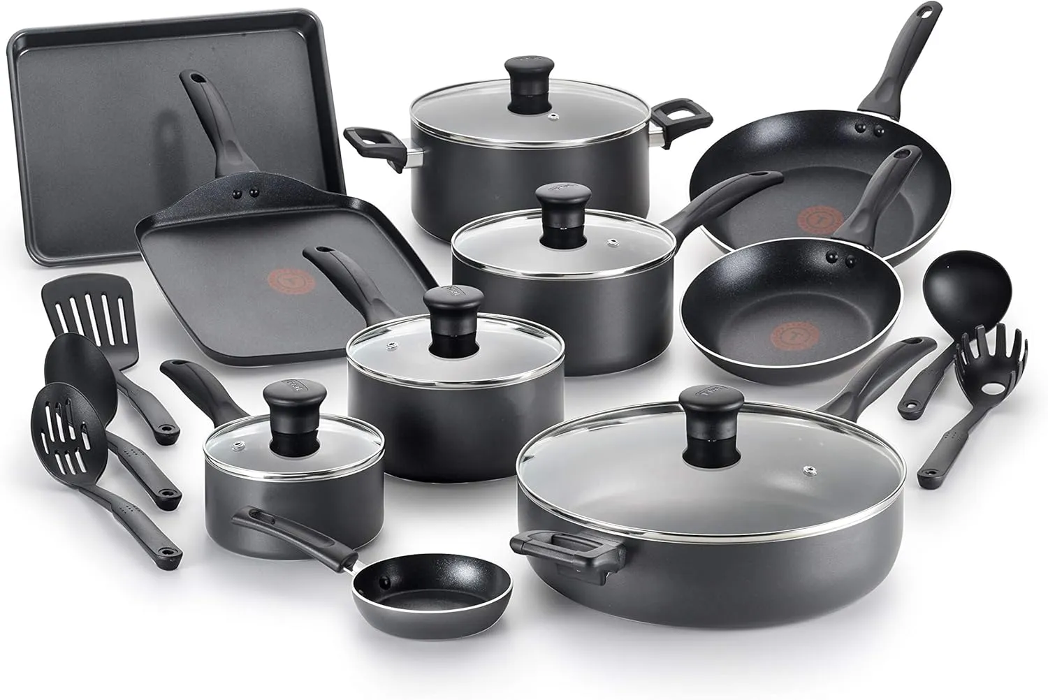 T-fal Everything in Kitchen Total Nonstick Diswasher Safe Pots and Pans Cookware Set, 20-PC, Black