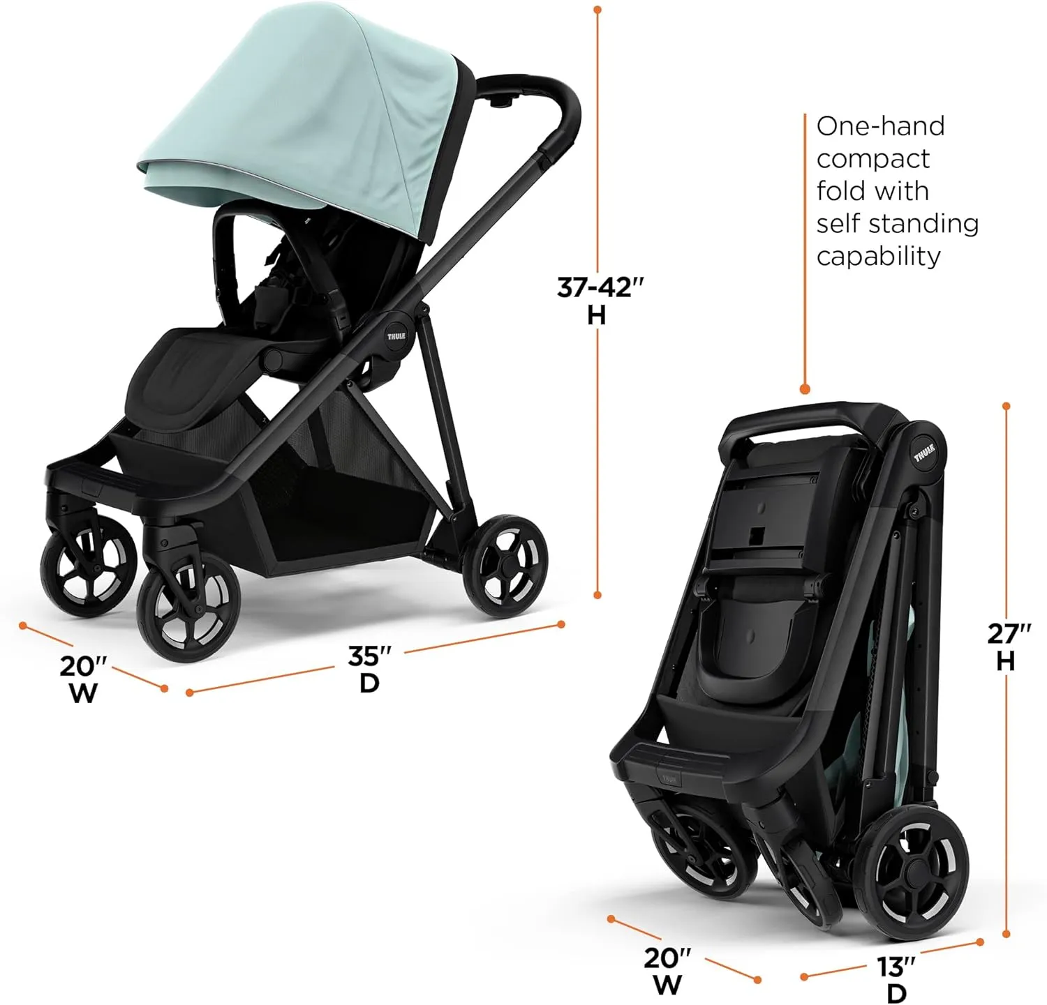 Thule Shine baby stroller, Full-size stroller features, Compact and lightweight design, Reversible seat, Spacious storage basket, Adjustable leg rest, Easy one-hand fold