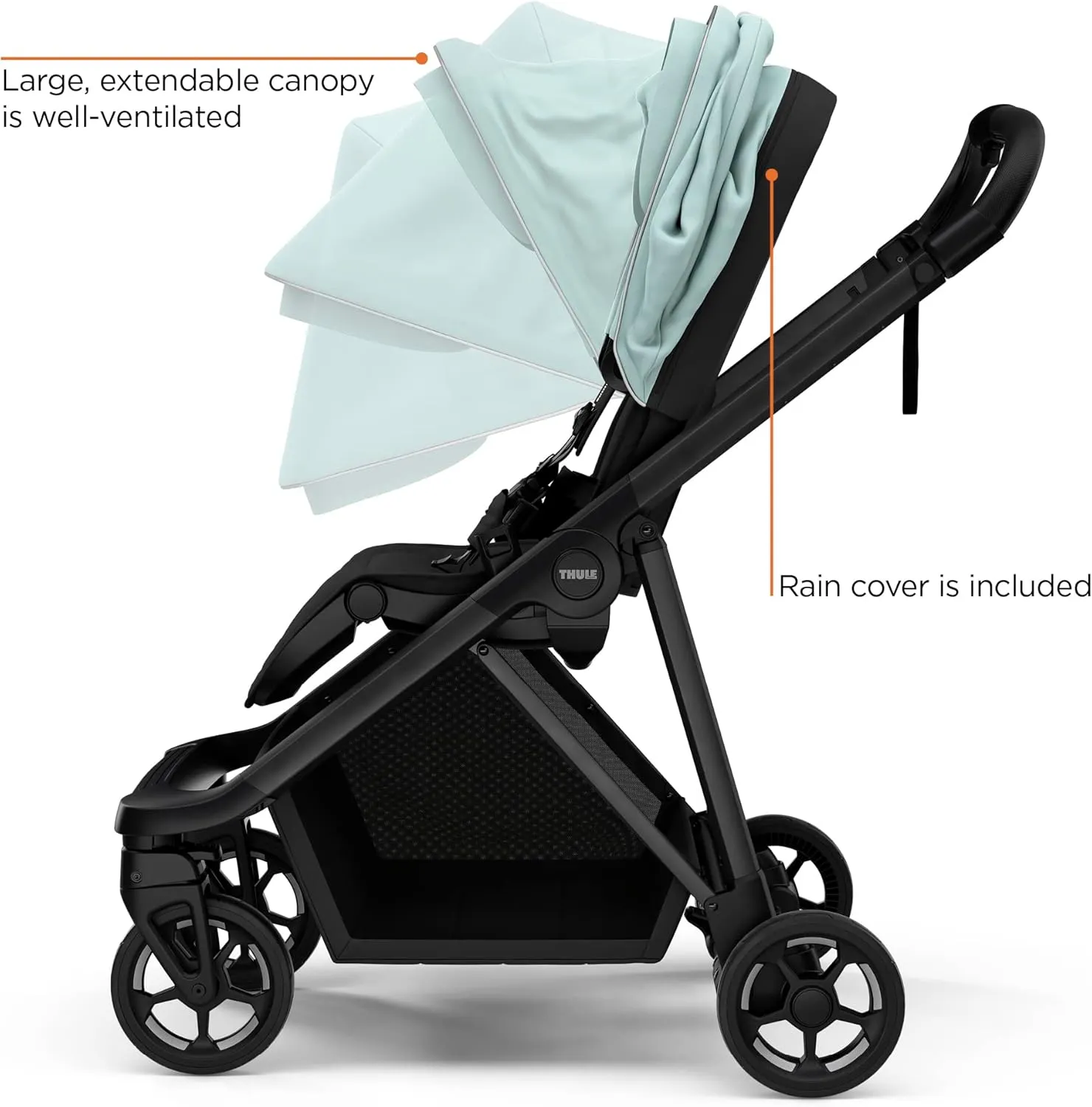 Thule Shine baby stroller, Full-size stroller features, Compact and lightweight design, Reversible seat, Spacious storage basket, Adjustable leg rest, Easy one-hand fold