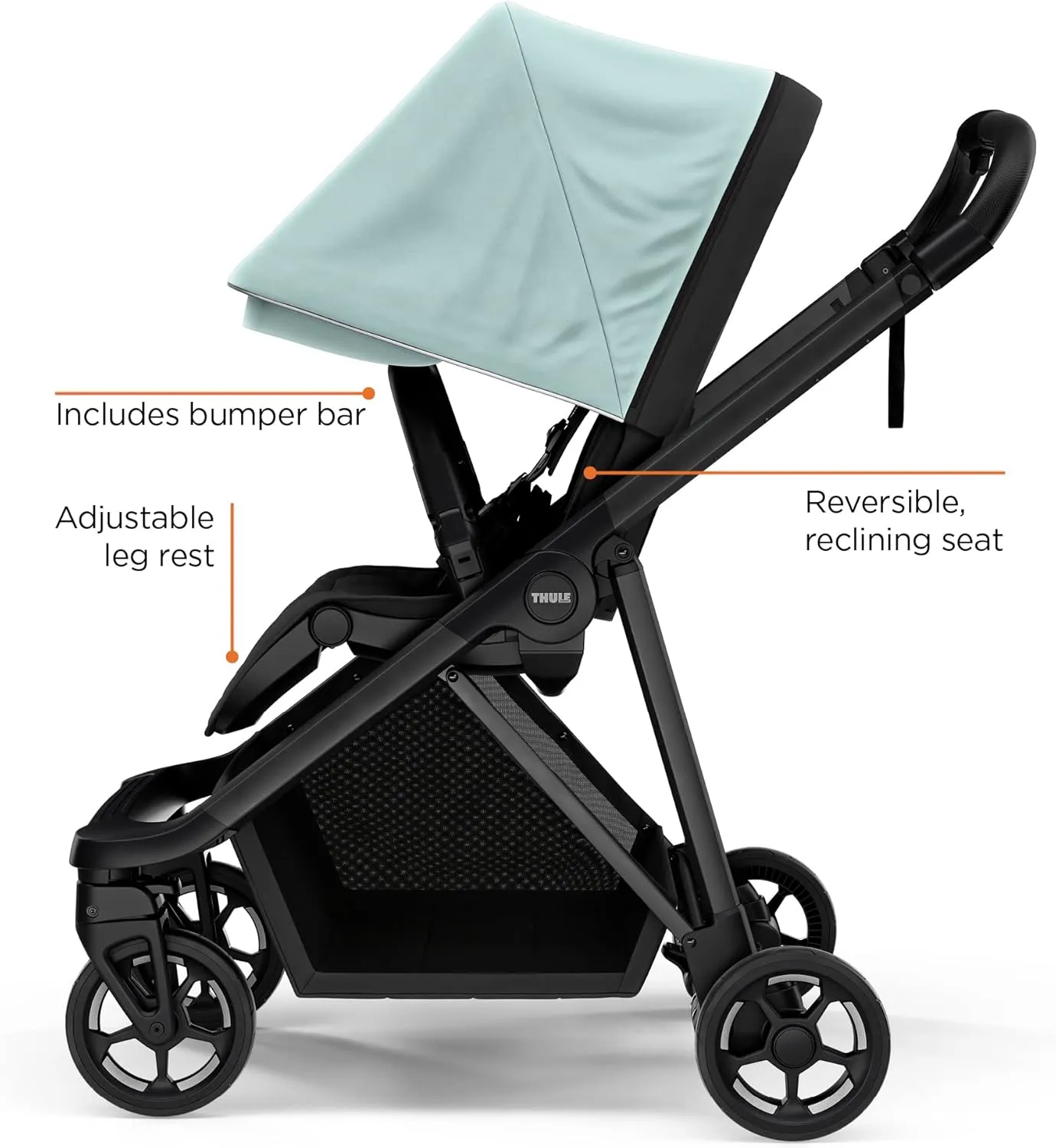 Thule Shine baby stroller, Full-size stroller features, Compact and lightweight design, Reversible seat, Spacious storage basket, Adjustable leg rest, Easy one-hand fold