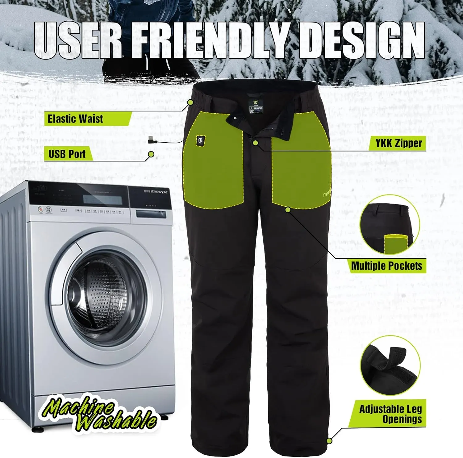TIDEWE Hunting Pants Heated for Men with Battery Pack, Water Resistant Rechargeable Hiking Pants for Trekking Skiing Climbing