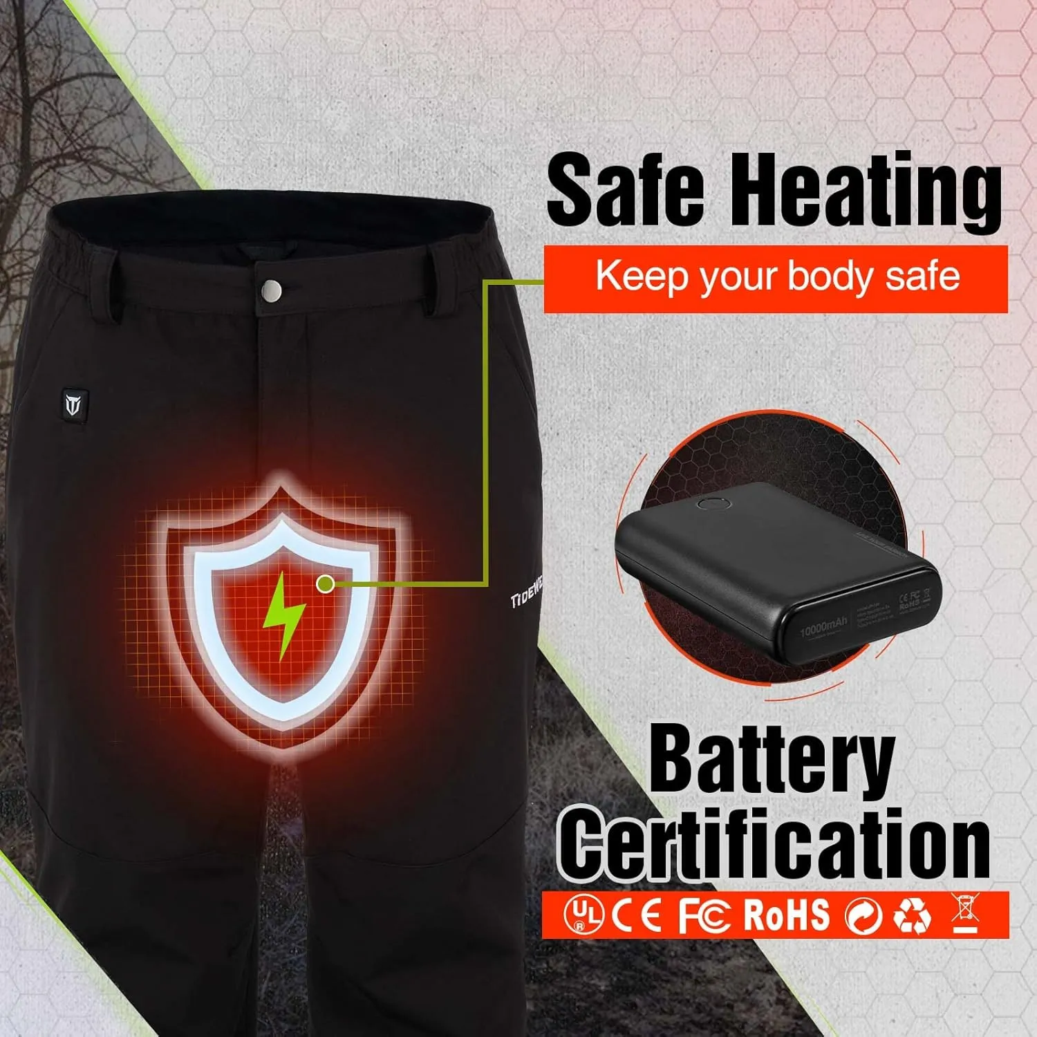 TIDEWE Hunting Pants Heated for Men with Battery Pack, Water Resistant Rechargeable Hiking Pants for Trekking Skiing Climbing