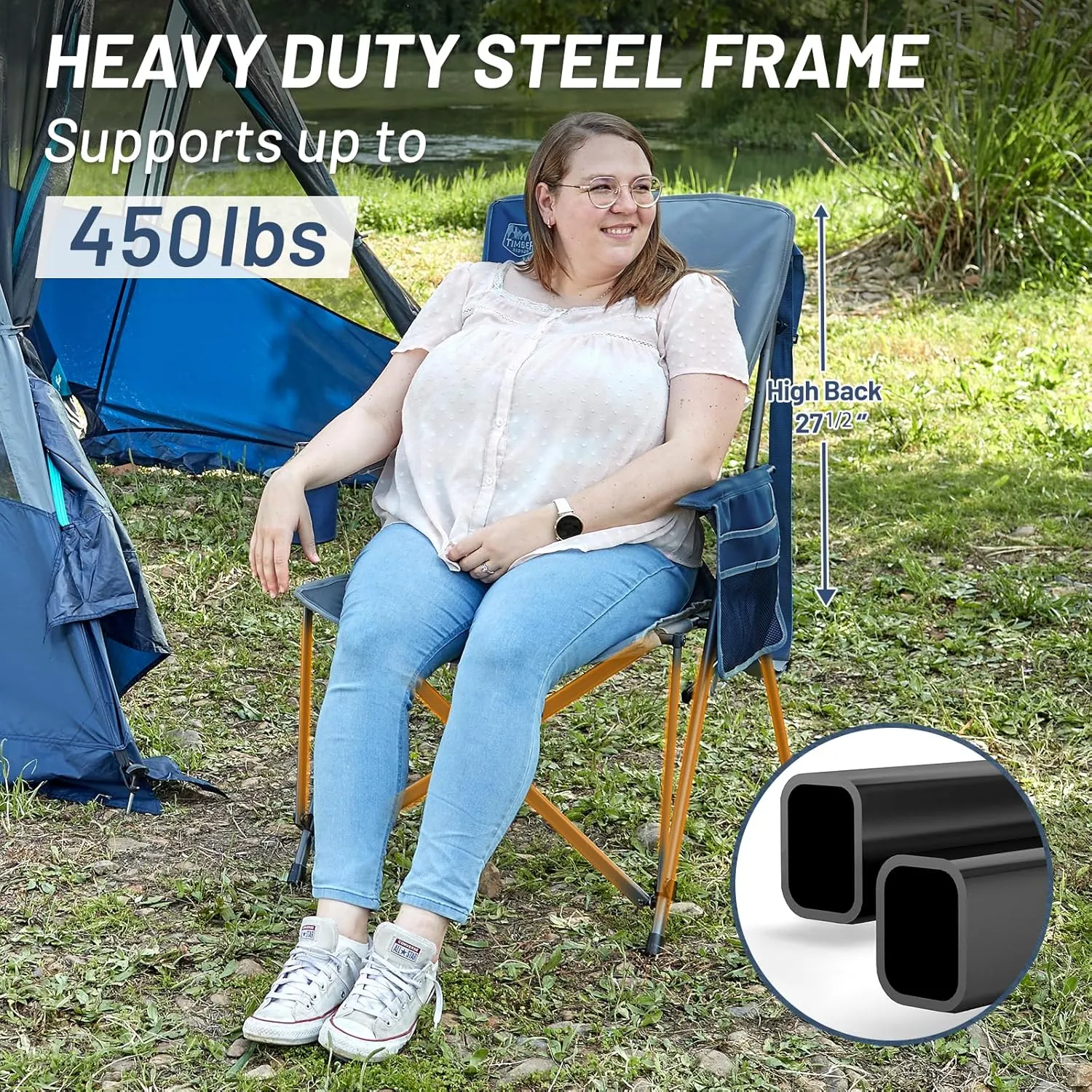 TIMBER RIDGE Oversized Camping Chair with Lumbar Support, Portable Folding Chair Heavy Duty for Adults Supports 450 LBS for Outdoor Camping, Lawn, with High Back, Cup Holder, Side Pocket - Blue