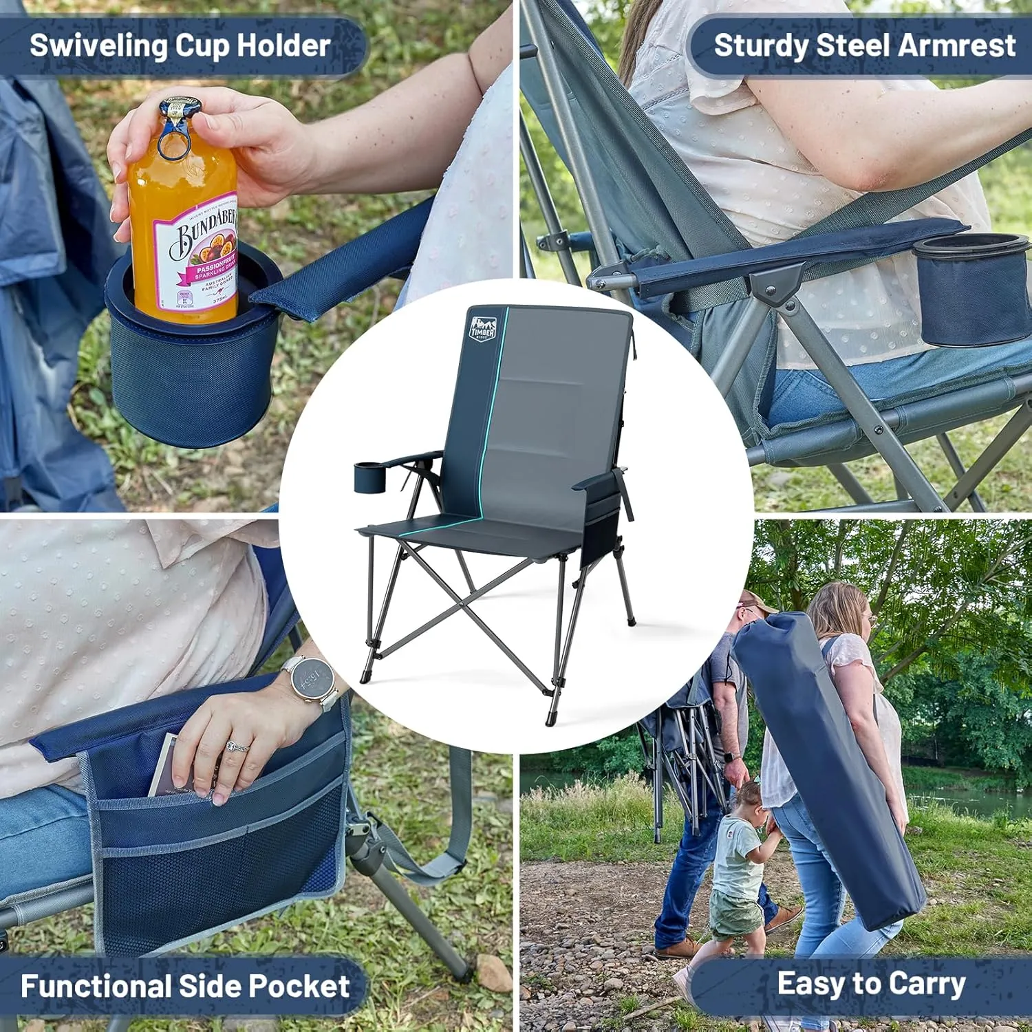 TIMBER RIDGE Oversized Camping Chair with Lumbar Support, Portable Folding Chair Heavy Duty for Adults Supports 450 LBS for Outdoor Camping, Lawn, with High Back, Cup Holder, Side Pocket - Blue