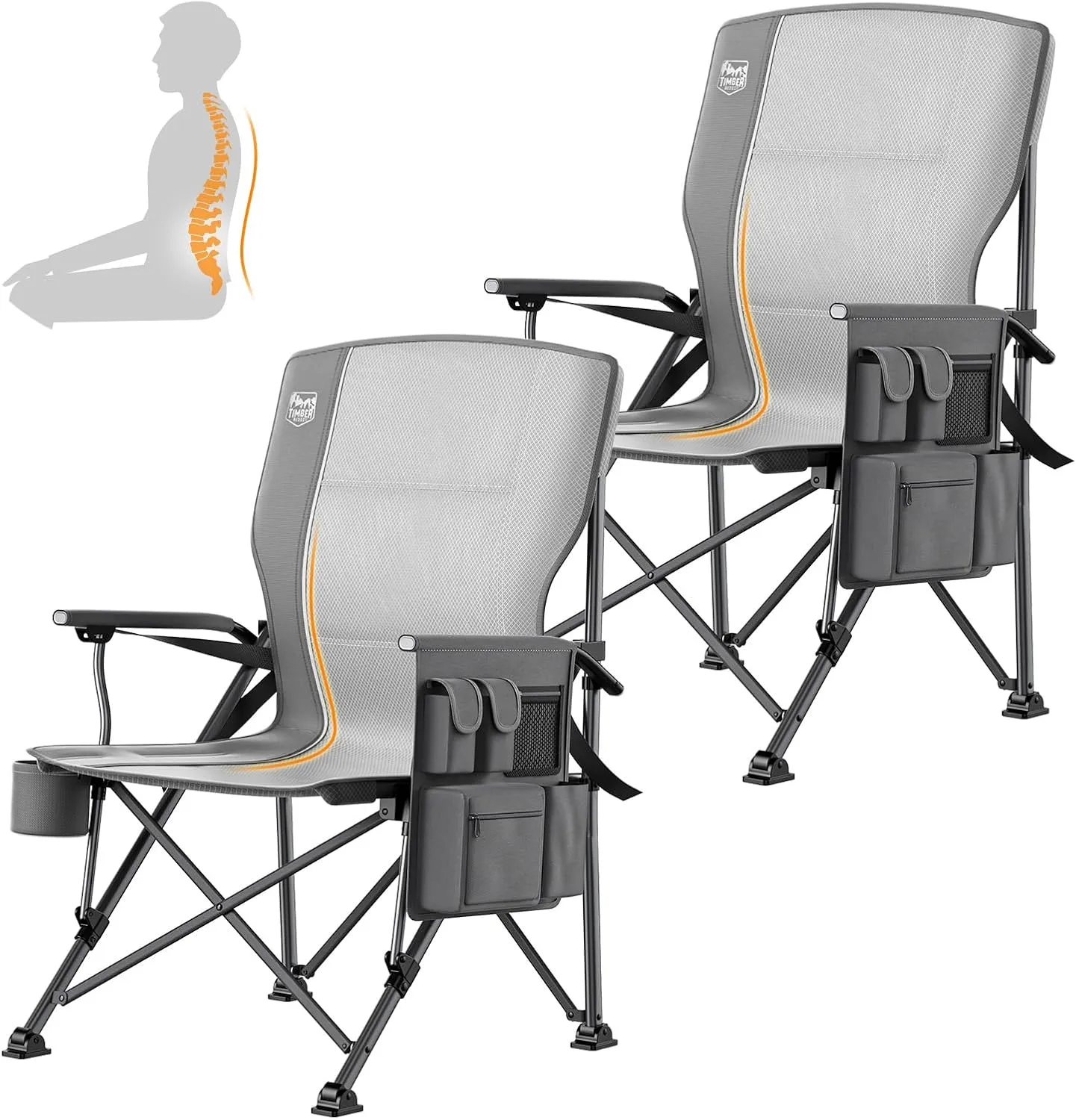 TIMBER RIDGE Oversized Folding Camping Chair with Lumbar Support Adjustable High Back Heavy Duty for Adults Support up to 500lbs with Cup Holder, Cooler Bag, Side Pocket, Grey