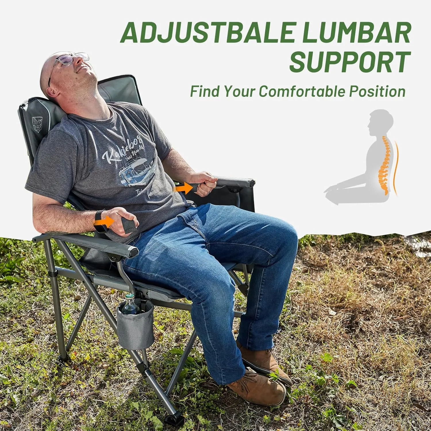 TIMBER RIDGE Oversized Folding Camping Chair with Lumbar Support Adjustable High Back Heavy Duty for Adults Support up to 500lbs with Cup Holder, Cooler Bag, Side Pocket, Grey