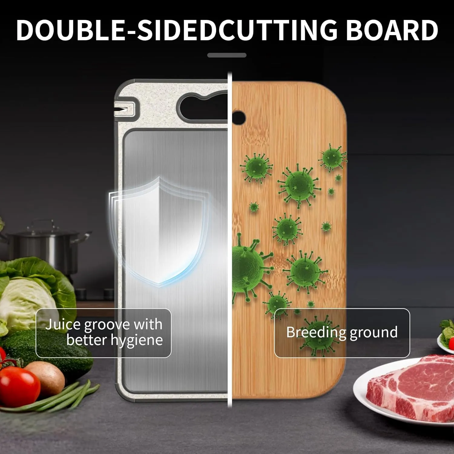 Titanium Cutting Board, Double Sided Chopping Board for Kitchen, Non Toxic Non Slip Cutting Board, Juice Groove, Food-Grade, Titanium and Wheat Straw PP, Dishwasher Safe, Easy to Clean ﻿