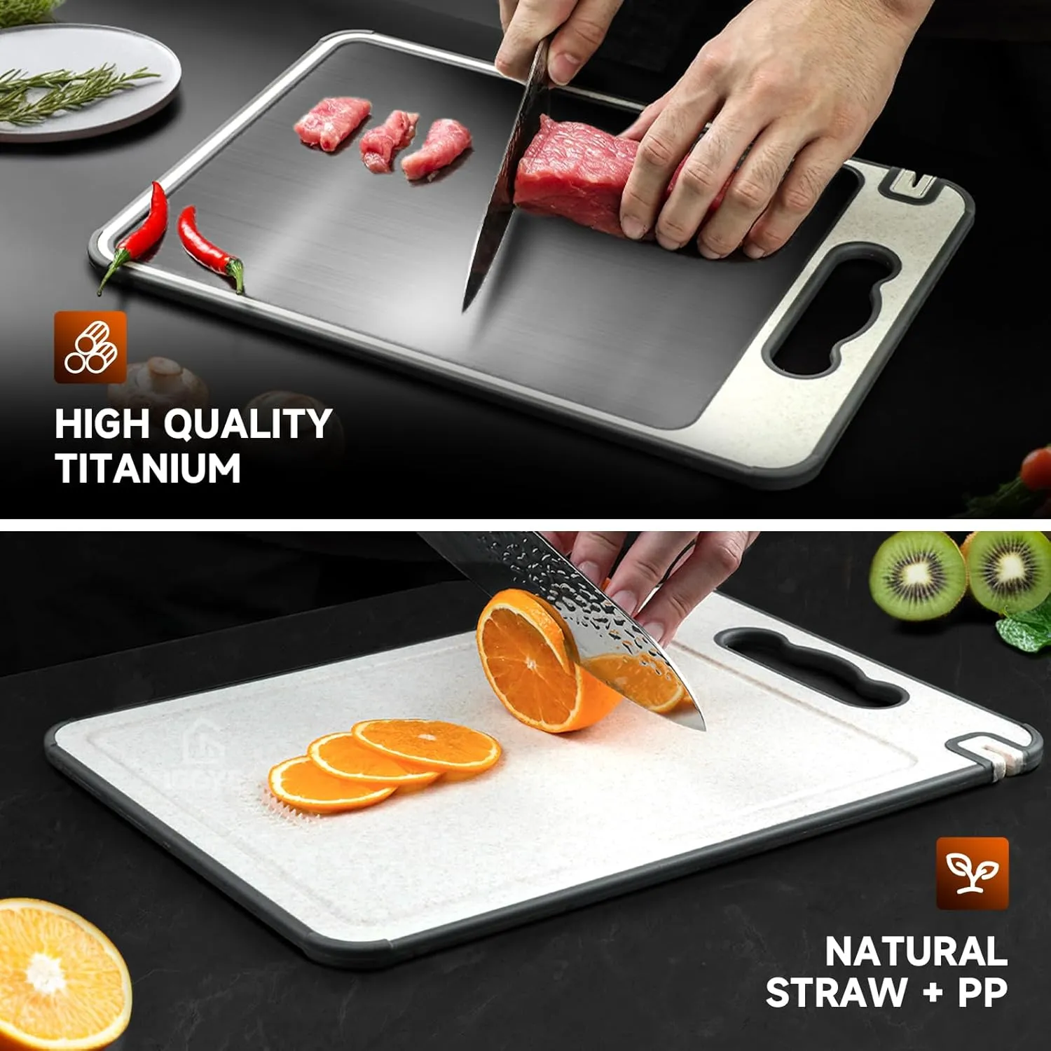 Titanium Cutting Board, Double Sided Chopping Board for Kitchen, Non Toxic Non Slip Cutting Board, Juice Groove, Food-Grade, Titanium and Wheat Straw PP, Dishwasher Safe, Easy to Clean ﻿