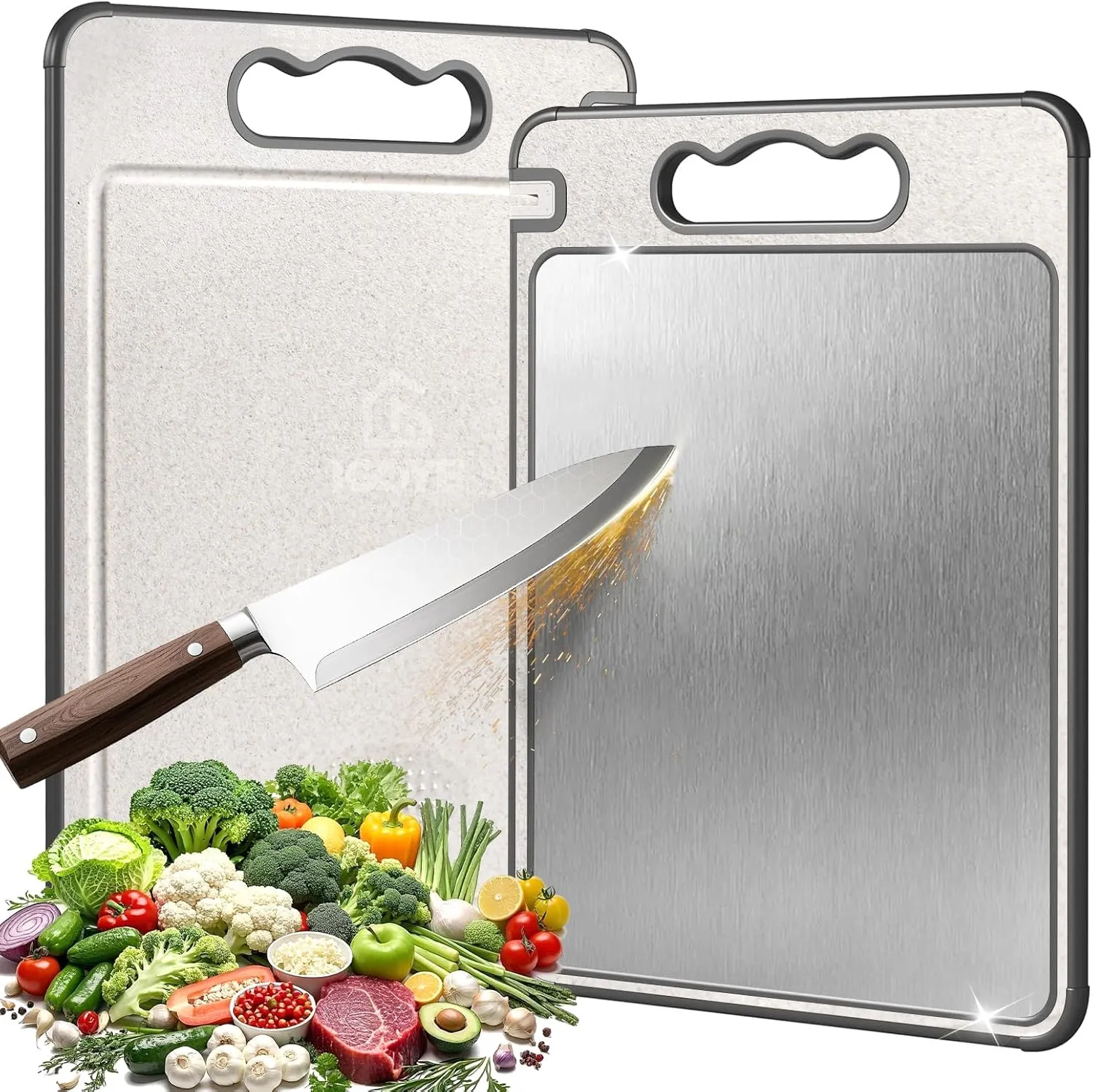 Titanium Cutting Board, Double Sided Chopping Board for Kitchen, Non Toxic Non Slip Cutting Board, Juice Groove, Food-Grade, Titanium and Wheat Straw PP, Dishwasher Safe, Easy to Clean ﻿