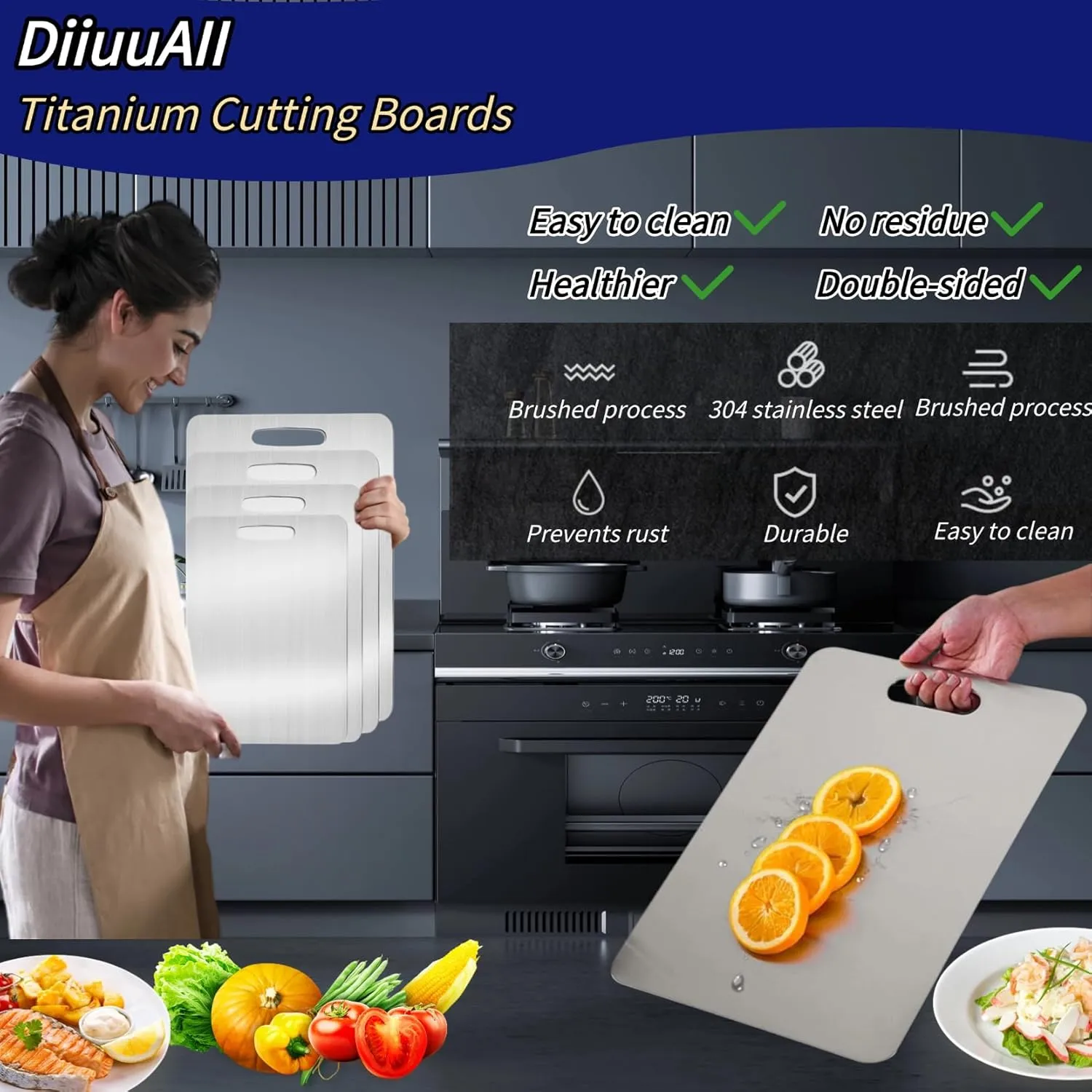 Titanium Cutting Boards for Kitchen - Dual-Sided Stainless Steel Cutting Board Hangable Design, Easy to Clean, Durable and Rust-Resistant for Meat, Vegetables & Fruits