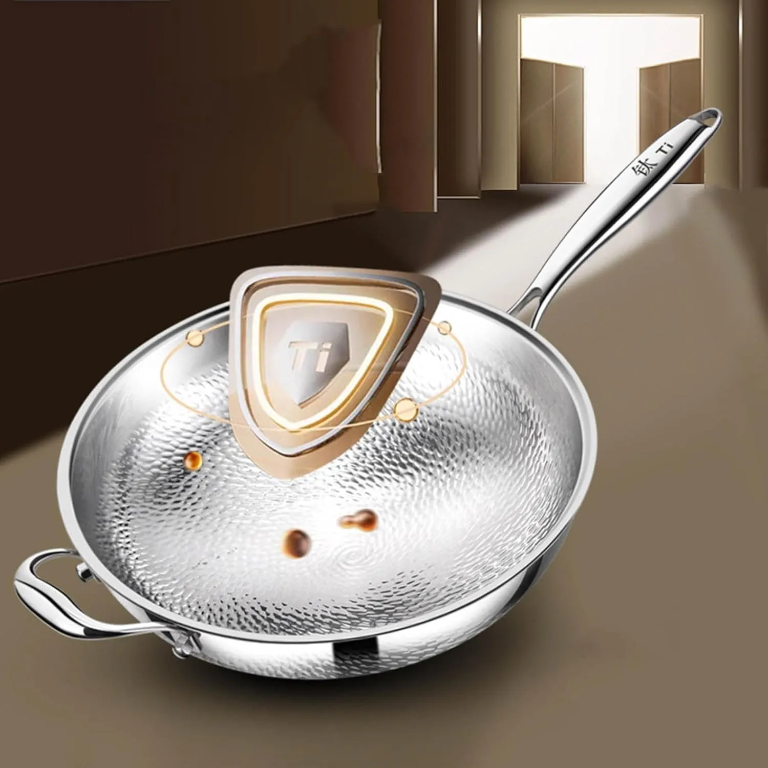 Titanium Hammered Pan Pro with Lid - 2025 New Ultra-Durable Scratch-Resistant Non Stick, 100% Pure Titanium Family-Sized Healthy Cooking Pan, Even Heating for Cooking (13.39in)