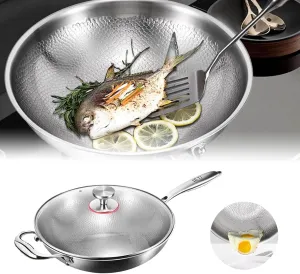 Titanium Hammered Pan Pro with Lid - 2025 New Ultra-Durable Scratch-Resistant Non Stick, 100% Pure Titanium Family-Sized Healthy Cooking Pan, Even Heating for Cooking (13.39in)