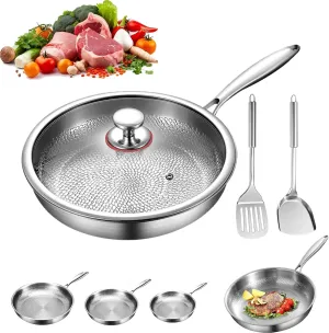 Titanium Hammered Pan Pro With Lid, Siraat Pure Titanium Pan Hammered Pattern, 10/11/11.8inch Non Stick Frying Pans For Cooking, Scratch Resistant (11in-with Lid)