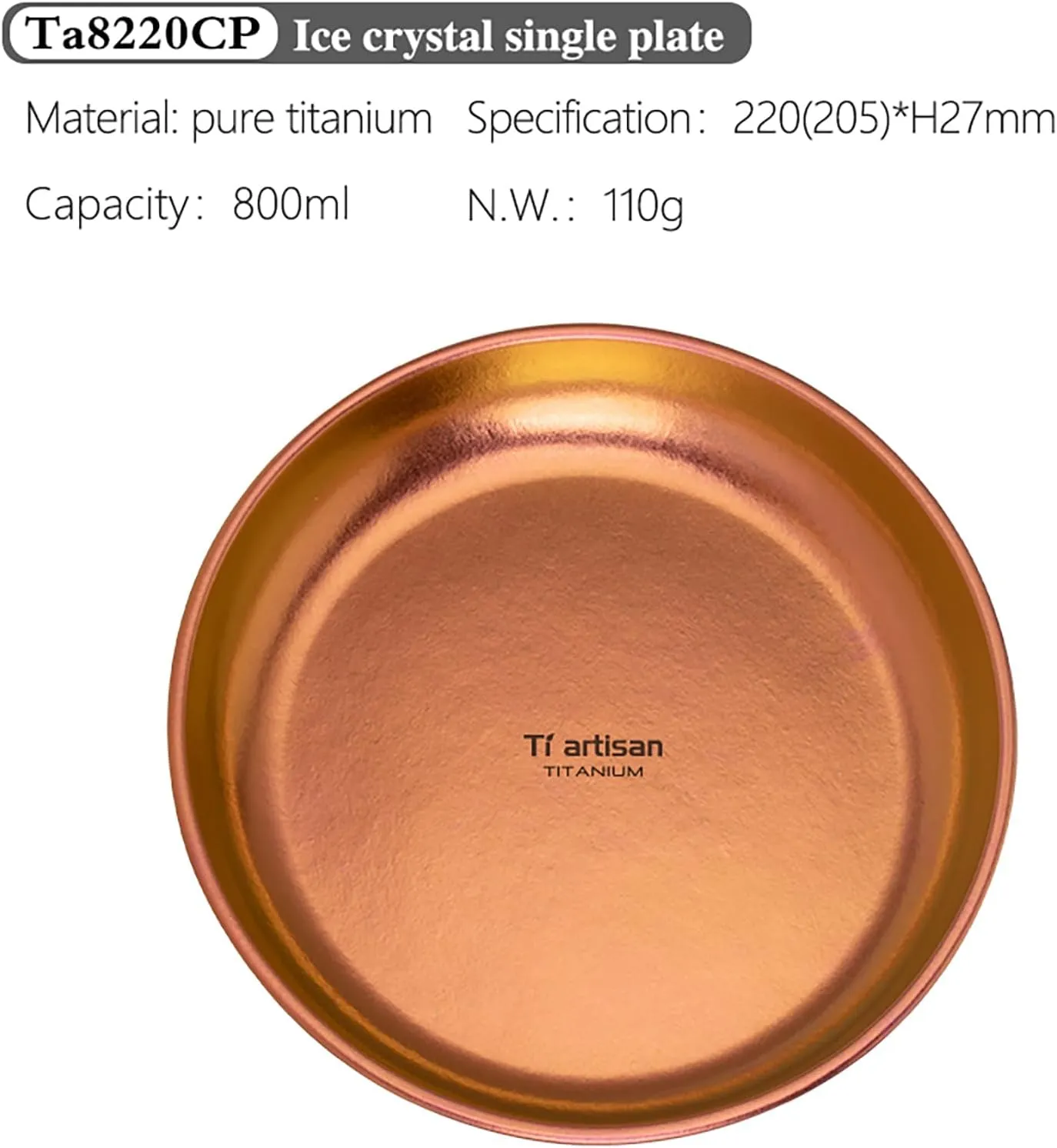 Titanium Plate Camping Picnic Tableware 27fl oz Cooking Utensils Extremely Light Dishes Bowl 110g (TA8220CP)