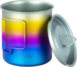Titanium Pot, 420ml/15 oz Mug with Lid and Foldable Handle, Outdoor Titanium Cup for Hiking Camping Cooking-Rainbow