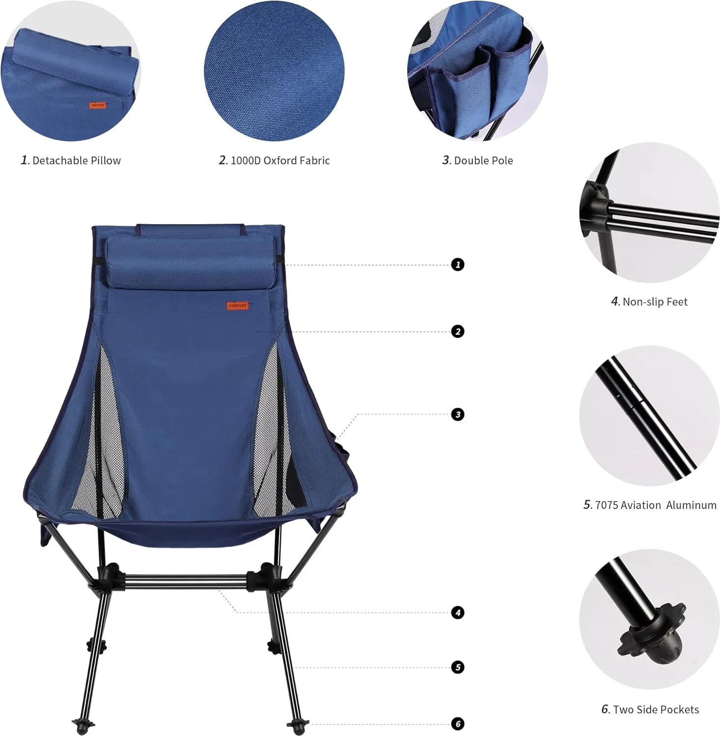 TOBTOS High Back Camping Chair, Lightweight Folding Chair with Head Support, Compact Chair with Carry Bag for Outdoor Camp, Hiking, Backpacking (Blue)