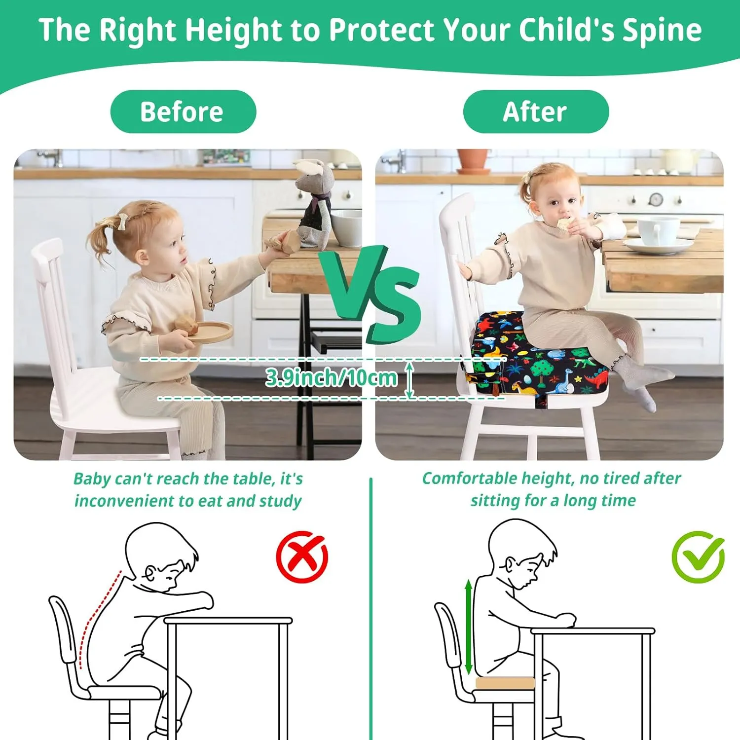 Toddler Booster Seat for Kitchen Chair, Non-Slip Kids Dining Table Booster Seat with Adjustable Safer Straps, Portable Baby Eating Travel Camping Increasing Cushion