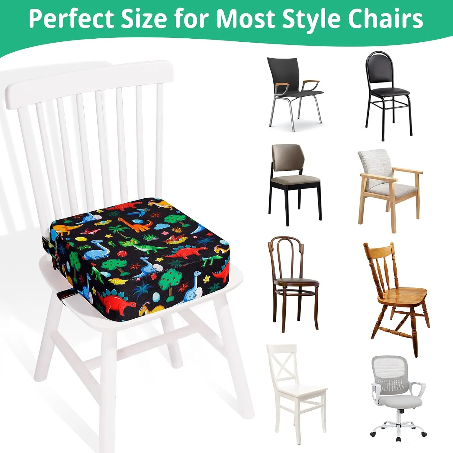 Toddler Booster Seat for Kitchen Chair, Non-Slip Kids Dining Table Booster Seat with Adjustable Safer Straps, Portable Baby Eating Travel Camping Increasing Cushion