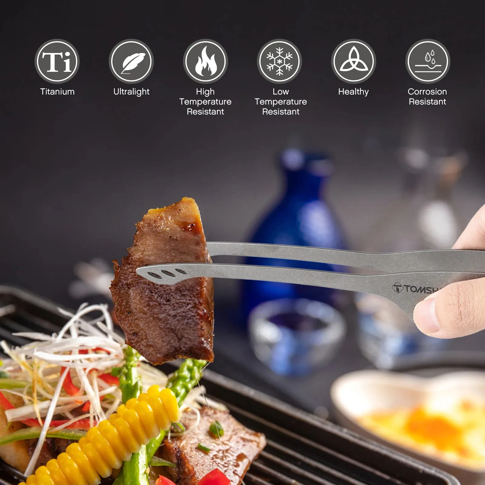 TOMSHOO Lightweight Titanium Tongs – 9.2-Inch BBQ & Camping Grill Clip