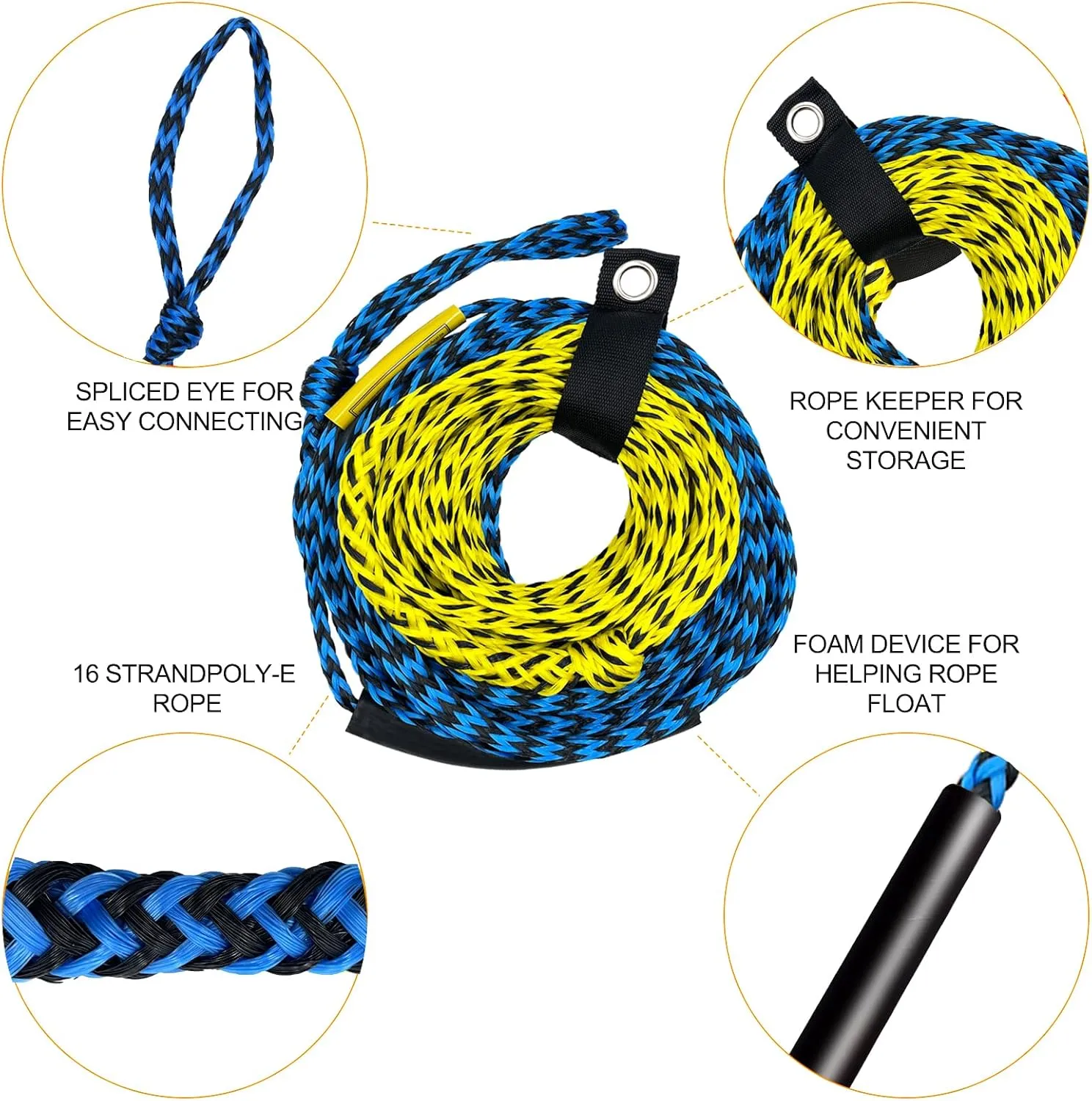 Tow Rope for Tubing 3 Sections Boat Tow Rope 1-6 Person Heavy Duty 6K Tube Ropes for Tubing with Storage Bag and Rope Keeper