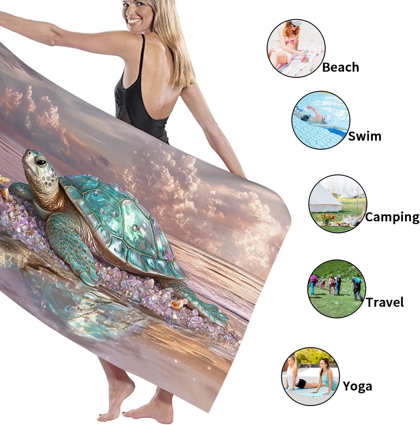 Turquoise Turtle Beach Towel Artistic Ocean Design Sand Free Lightweight Microfiber Quick Dry Bath Towel for Travel Pool Camping Picnic Essentials 62x31 Inch