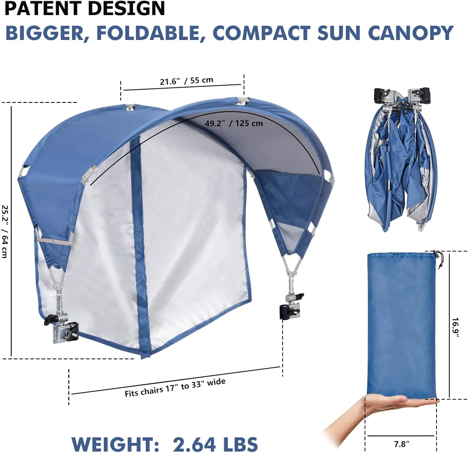 Universal Chair Canopy Umbrella, UPF 50  Sun Shade with Adjustable Clamp Clip for Beach, Camping, Sports, Lawn, Zero Gravity, Wheelchair, Wagon