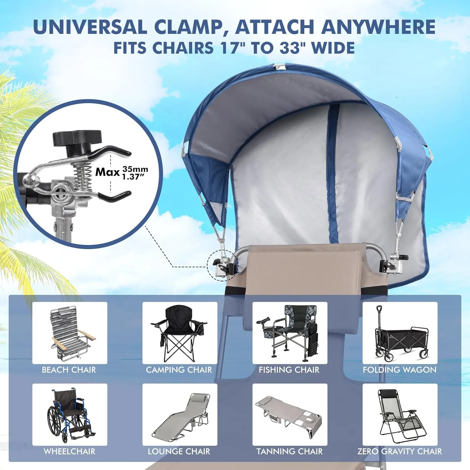 Universal Chair Canopy Umbrella, UPF 50  Sun Shade with Adjustable Clamp Clip for Beach, Camping, Sports, Lawn, Zero Gravity, Wheelchair, Wagon