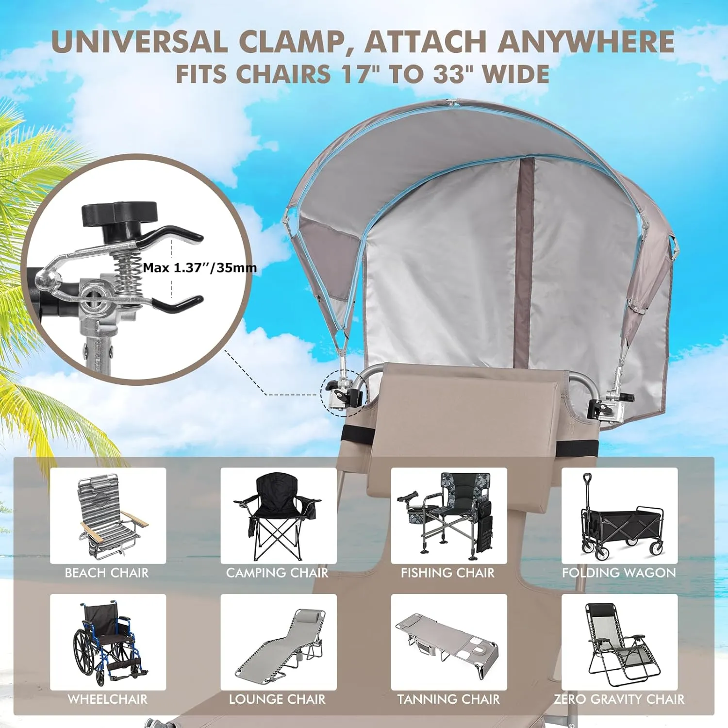 Universal Chair Umbrella Canopy, UPF 50  Sun Shade with Adjustable Clamp Clip for Beach Chair, Outdoor Camping Chair, Sports Chair, Lawn Chair, Tanning Chair, Zero Gravity Chair, 2 Pack Beige