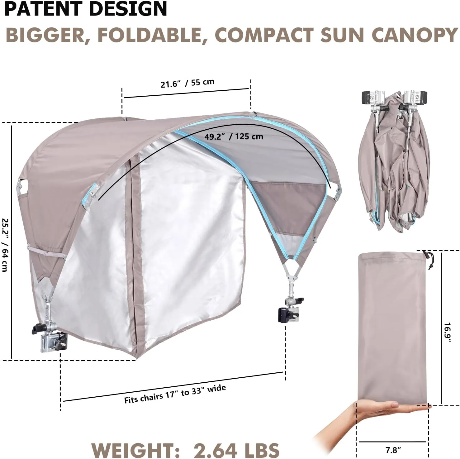 Universal Chair Umbrella Canopy, UPF 50  Sun Shade with Adjustable Clamp Clip for Beach Chair, Outdoor Camping Chair, Sports Chair, Lawn Chair, Tanning Chair, Zero Gravity Chair, 2 Pack Beige