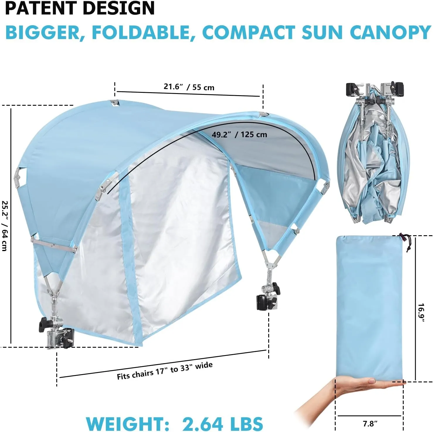 Universal Chair Umbrella Canopy, UPF 50  Sun Shade with Adjustable Clamp Clip for Beach Chair, Outdoor Camping Chair, Sports Chair, Lawn Chair, Tanning Chair, Zero Gravity Chair, Blue 2 Pack