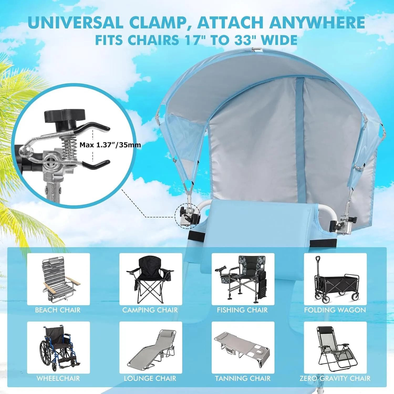 Universal Chair Umbrella Canopy, UPF 50  Sun Shade with Adjustable Clamp Clip for Beach Chair, Outdoor Camping Chair, Sports Chair, Lawn Chair, Tanning Chair, Zero Gravity Chair, Blue 2 Pack