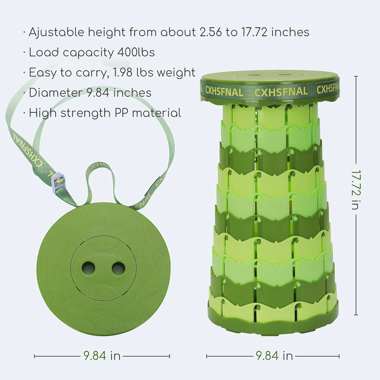 Upgraded Folding Camp Stool 2 Pack Lightweight but Sturdy Load Capacity 400lbs Mini Retractable Camping Furniture Height Adjustable for Fishing Hiking Gardening Hunting BBQ(Gradient Green)