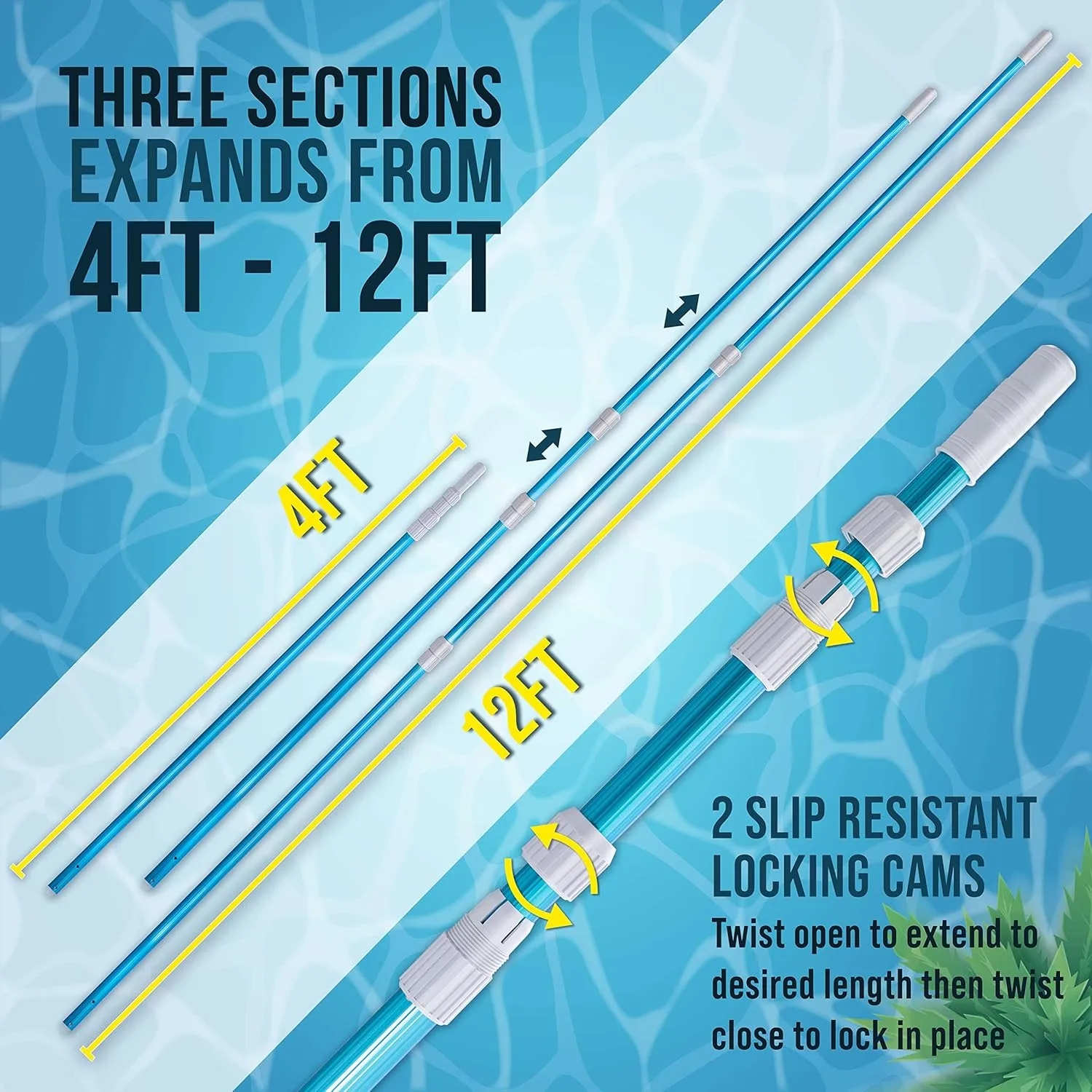 U.S. Pool Supply 12 Foot Swimming Pool Pole Telescopic - Aluminum Pool Skimmer Pole Net, Rake, Brush, Vacuum Head Handle, Attach Cleaning Equipment Accessories, Adjustable 3 Piece Expandable Extension