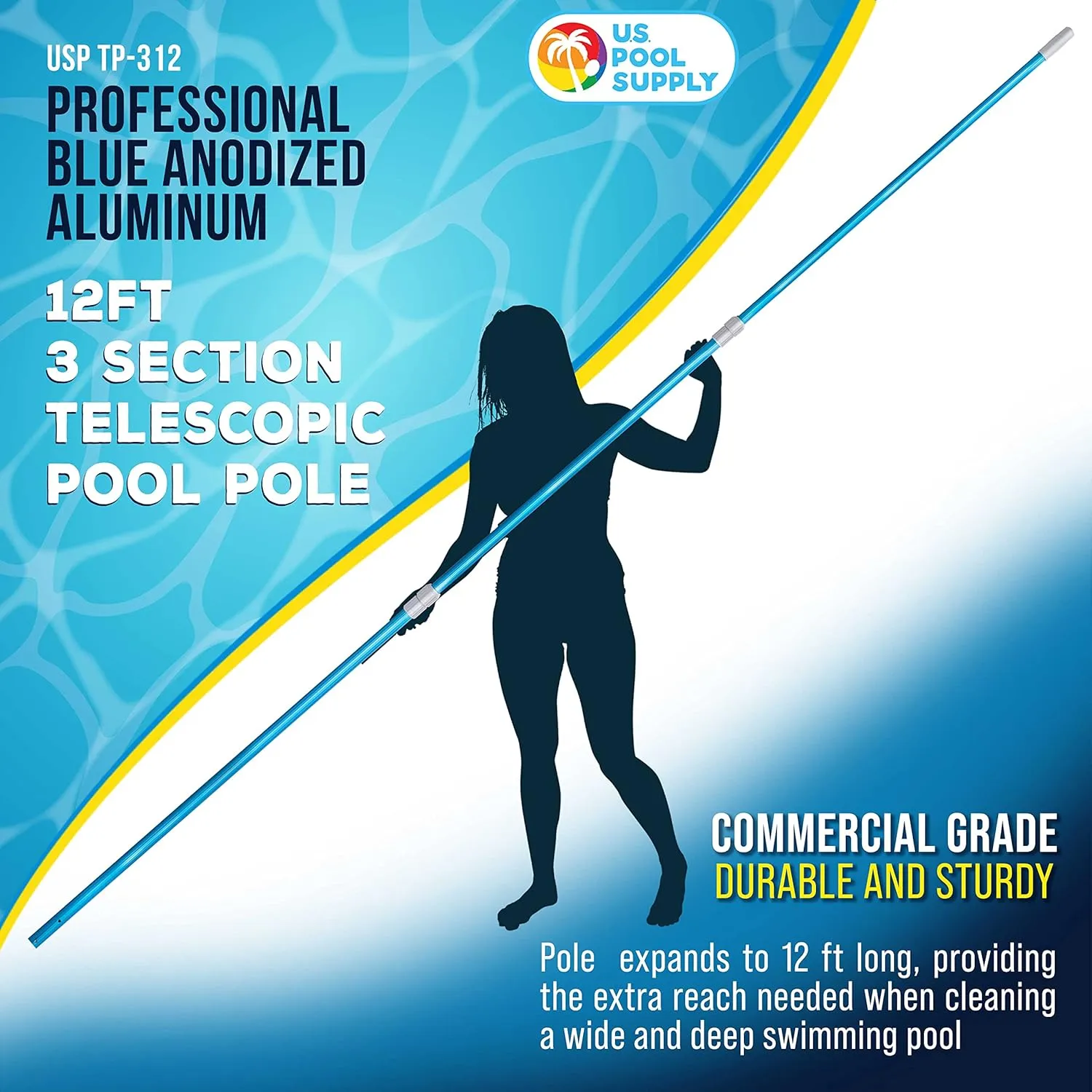 U.S. Pool Supply 12 Foot Swimming Pool Pole Telescopic - Aluminum Pool Skimmer Pole Net, Rake, Brush, Vacuum Head Handle, Attach Cleaning Equipment Accessories, Adjustable 3 Piece Expandable Extension