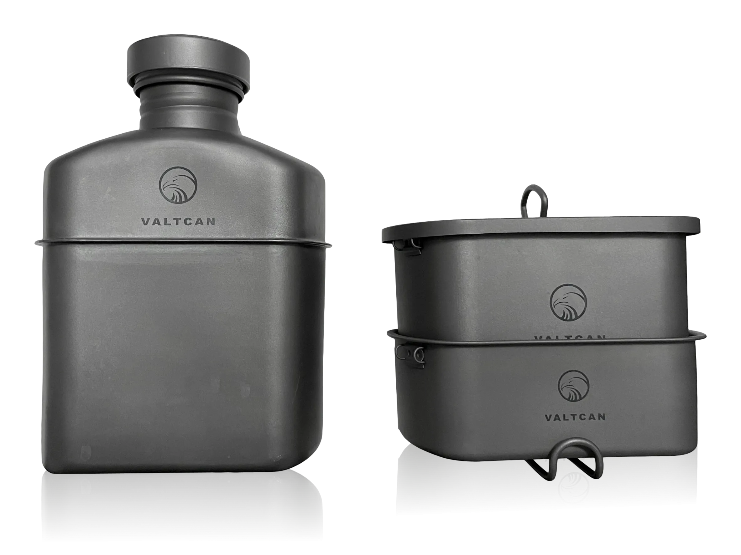 Valtcan Titanium EndurePro Canteen with Mess kit Water Bottle Set Hydrate for Survival 1.1L, 750ml, 400ml Lunchbox cup with lid and Carrying Case 350g