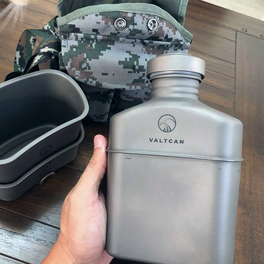 Valtcan Titanium EndurePro Canteen with Mess kit Water Bottle Set Hydrate for Survival 1.1L, 750ml, 400ml Lunchbox cup with lid and Carrying Case 350g
