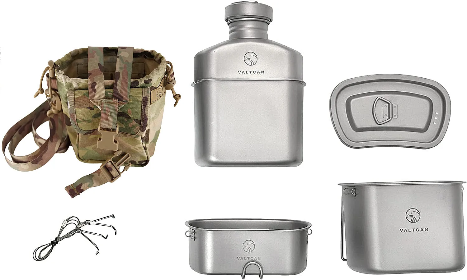 Valtcan Titanium EndurePro Canteen with Mess kit Water Bottle Set Hydrate for Survival 1.1L, 750ml, 400ml Lunchbox cup with lid and Carrying Case 350g