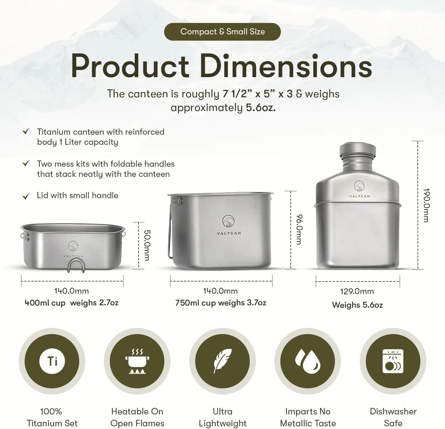 Valtcan Titanium EndurePro Canteen with Mess kit Water Bottle Set Hydrate for Survival 1.1L, 750ml, 400ml Lunchbox cup with lid and Carrying Case 350g