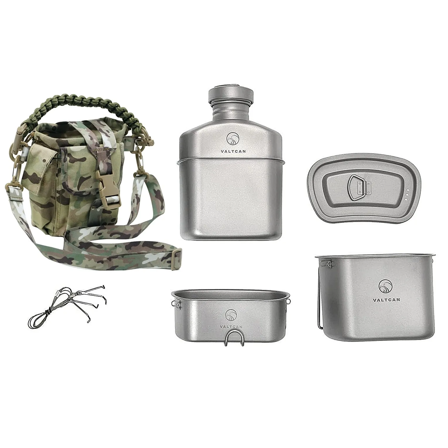 Valtcan Titanium EndurePro Canteen with Mess kit Water Bottle Set Hydrate for Survival 1.1L, 750ml, 400ml Lunchbox cup with lid and Carrying Case 350g