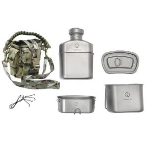 Valtcan Titanium EndurePro Canteen with Mess kit Water Bottle Set Hydrate for Survival 1.1L, 750ml, 400ml Lunchbox cup with lid and Carrying Case 350g