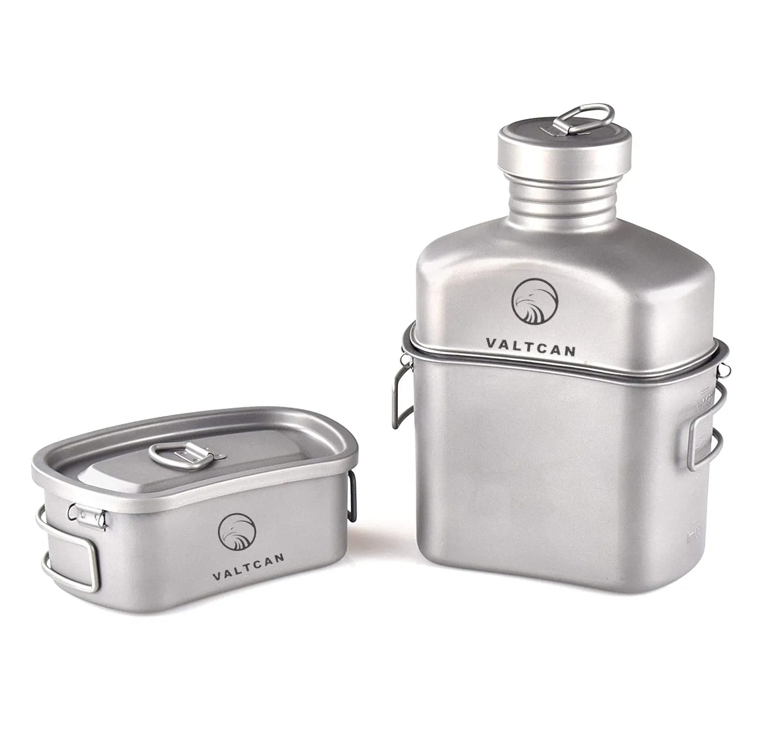 Valtcan Titanium EndurePro Canteen with Mess kit Water Bottle Set Hydrate for Survival 1.1L, 750ml, 400ml Lunchbox cup with lid and Carrying Case 350g