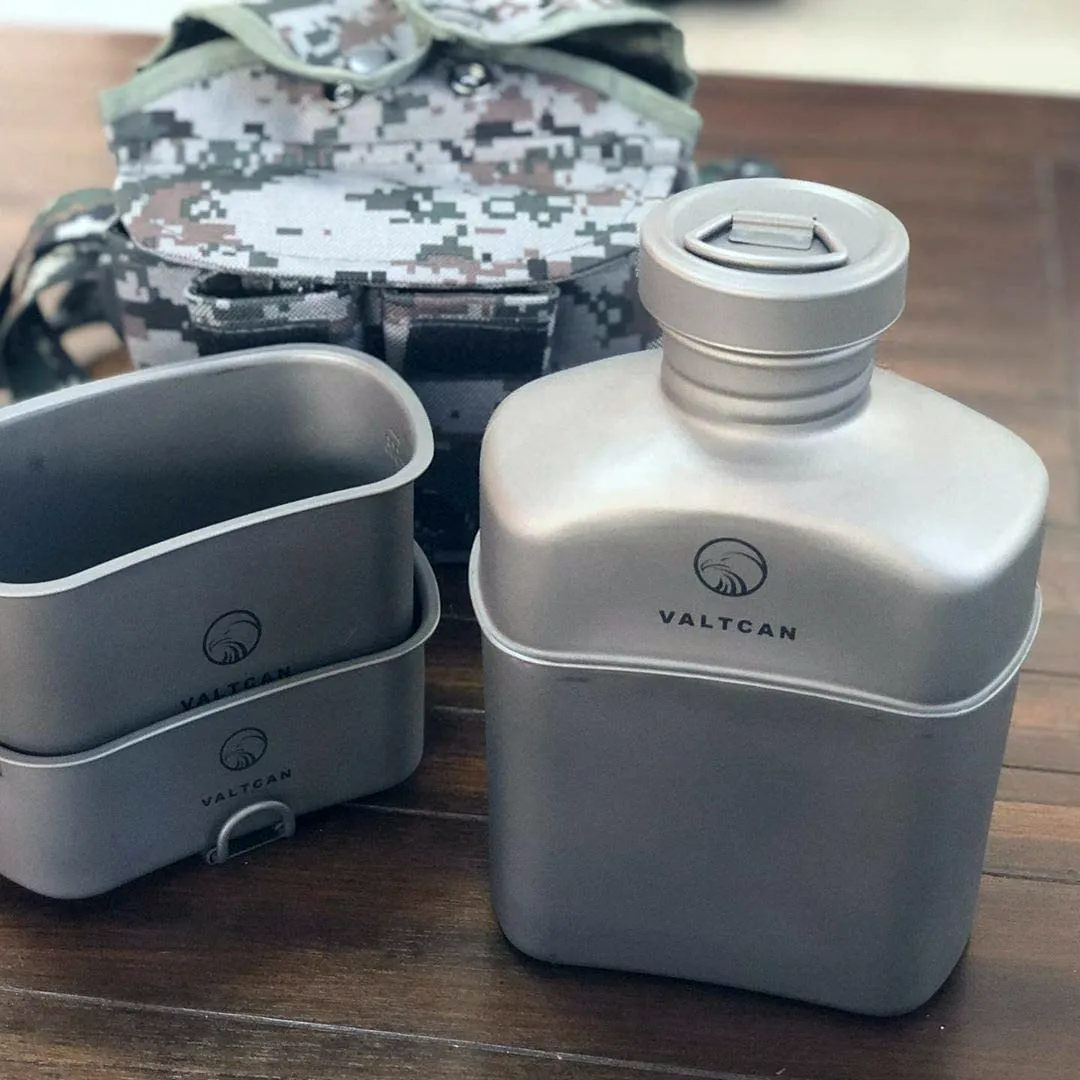 Valtcan Titanium EndurePro Canteen with Mess kit Water Bottle Set Hydrate for Survival 1.1L, 750ml, 400ml Lunchbox cup with lid and Carrying Case 350g
