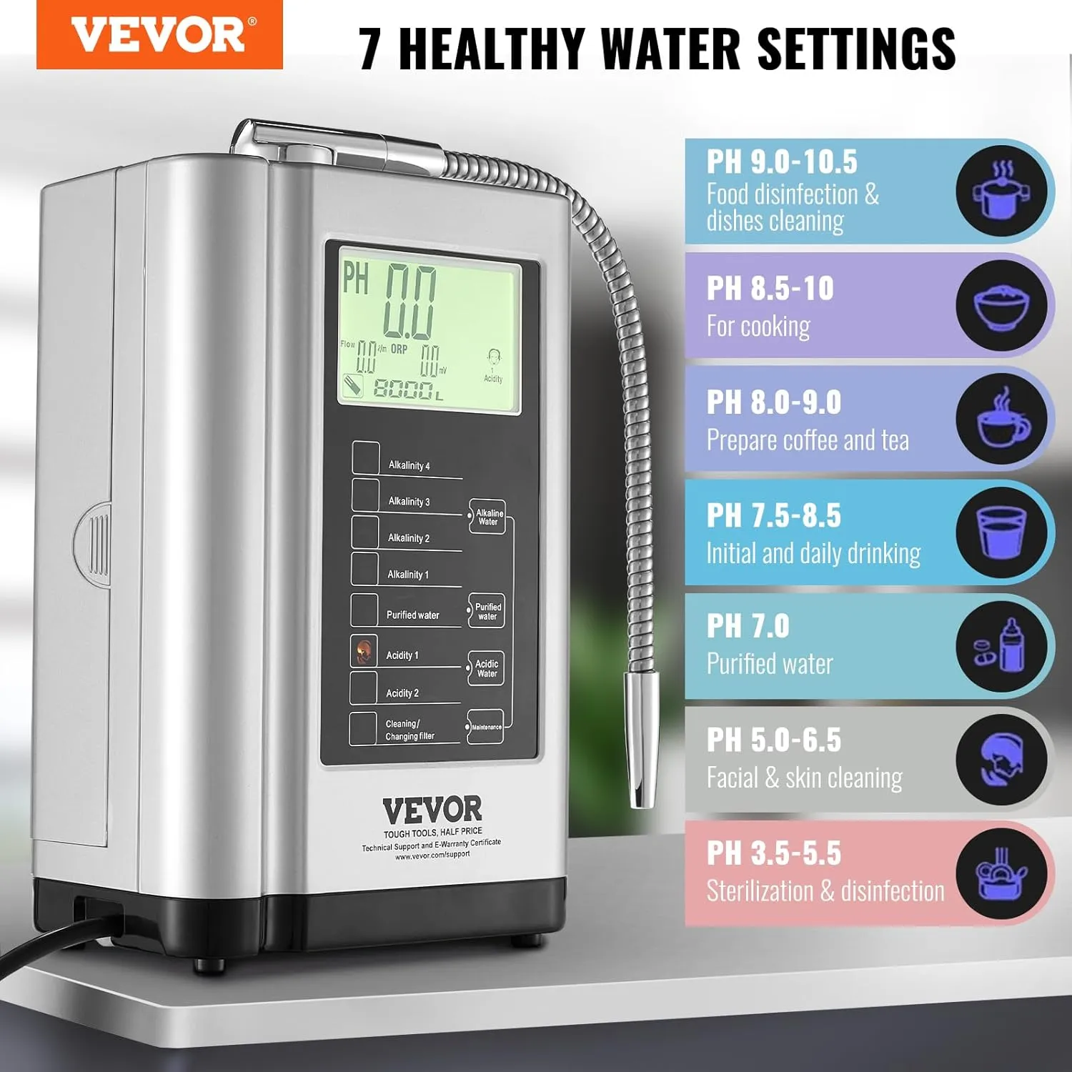 VEVOR Alkaline Water Ionizer Machine, pH 3.5-10.5 Alkaline Acidic Hydrogen Water Purifier, 7 Water Settings Home Filtration System, Up to -550mV ORP, 8000L Per Filter, Auto-Cleaning, White, Silver