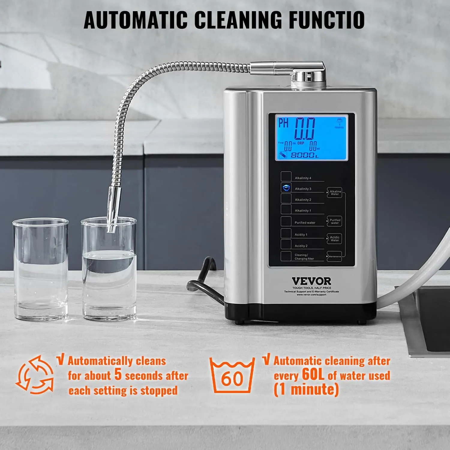 VEVOR Alkaline Water Ionizer Machine, pH 3.5-10.5 Alkaline Acidic Hydrogen Water Purifier, 7 Water Settings Home Filtration System, Up to -550mV ORP, 8000L Per Filter, Auto-Cleaning, White, Silver