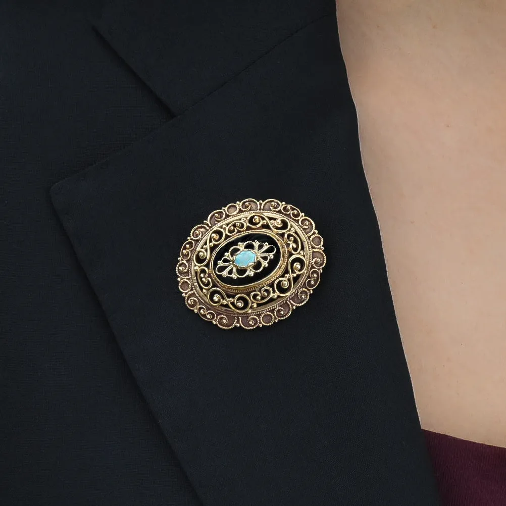 Victorian Revival Opal & Onyx Pin Pendant c1930