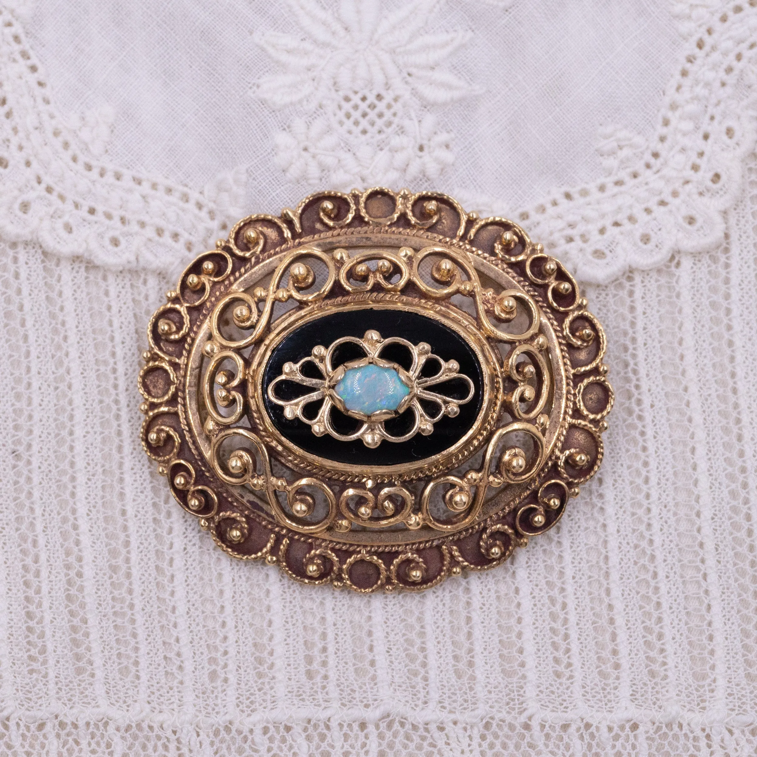 Victorian Revival Opal & Onyx Pin Pendant c1930